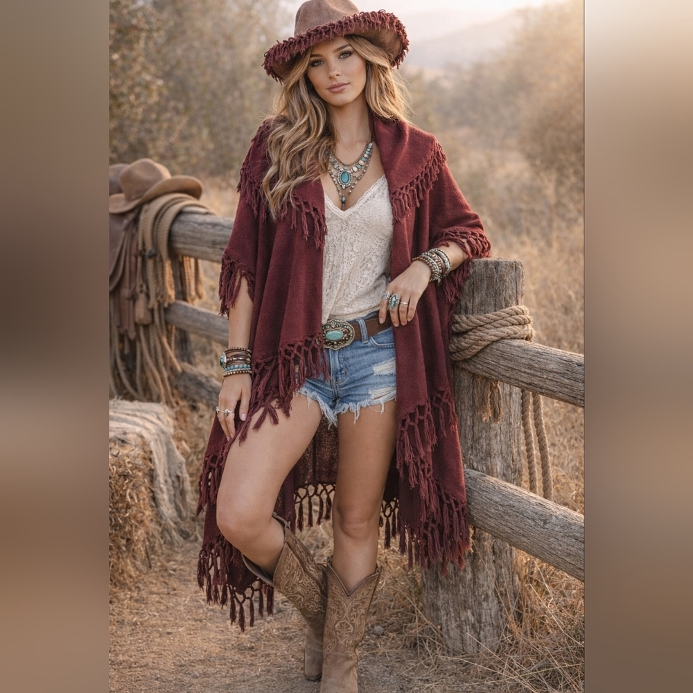 Ali Miles Maroon Fringe Ruana Cardigan Vest Size Large Boho Western Open Front